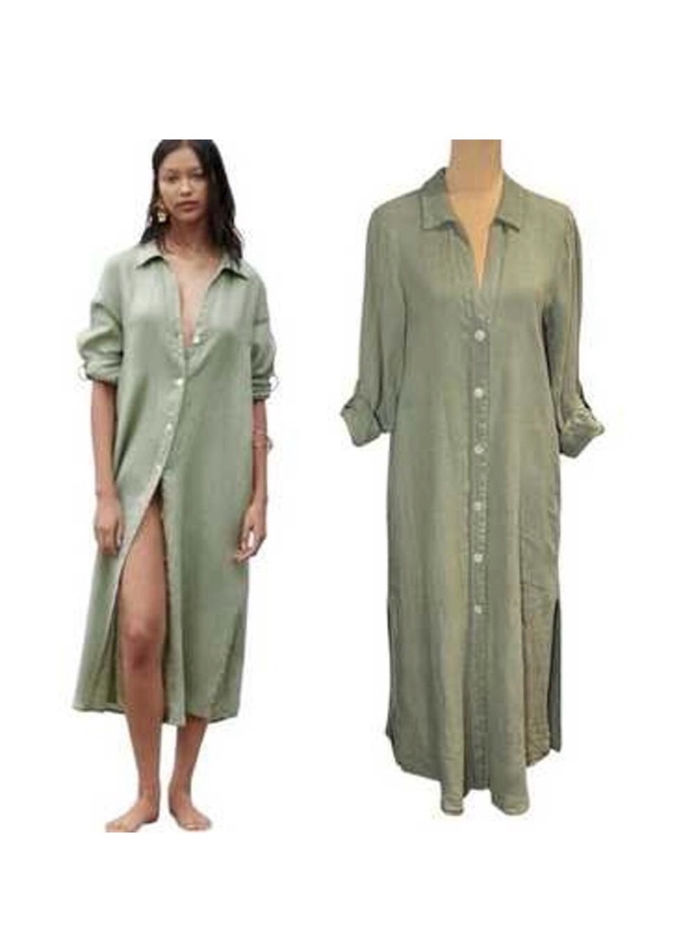 Zara Long Sleeve Button-Front Linen Dress in Light Olive